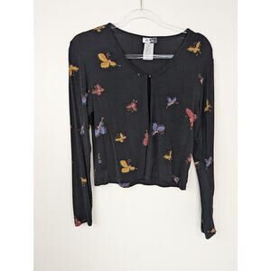 DeSire Top Womens Medium Black Butterfly Print Button Front Stretch Y2K Cardigan